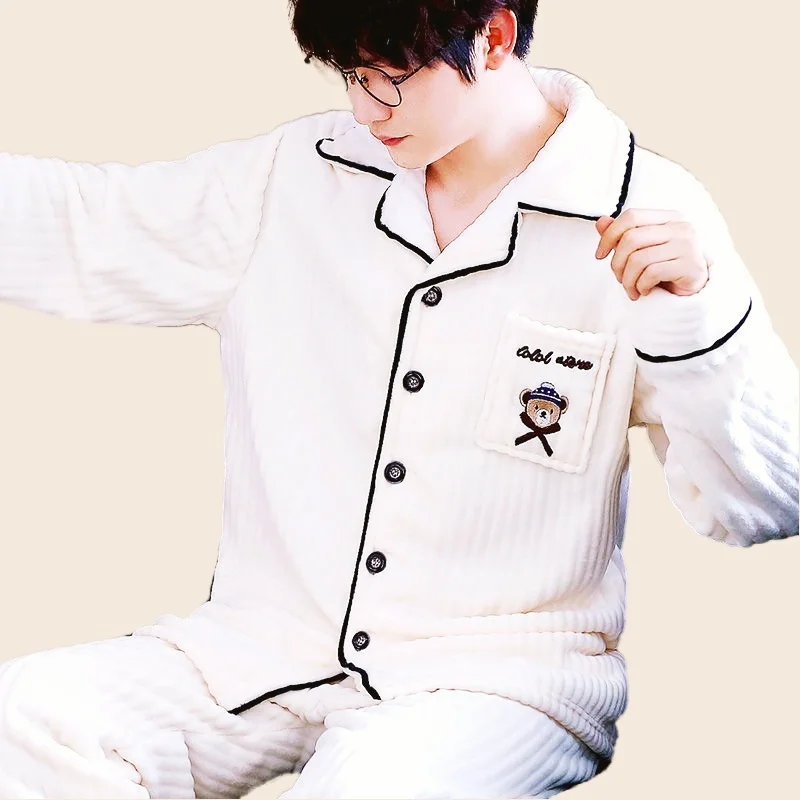 Men's Pajamas Set Full Sleeve T-shirt Long Pants 2Piece/Set Winter Sexy Stripe Pyjama Big Size Man Homewear Cozy Plus Sleepwear