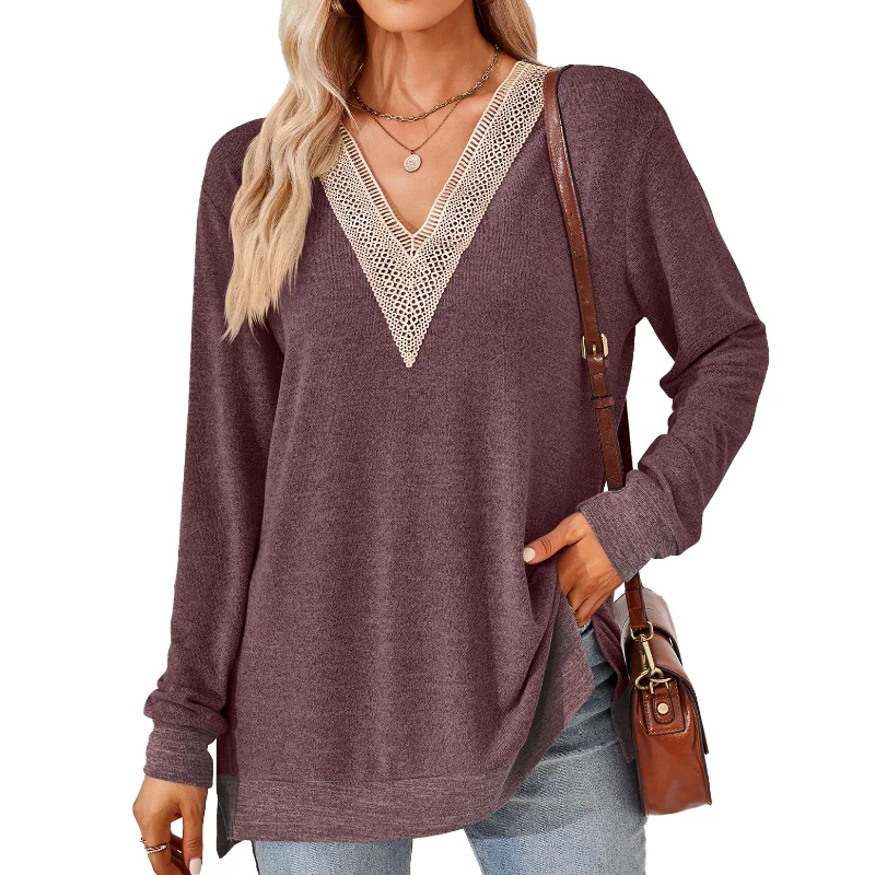 

2023 New Spring Summer Long Sleeve V Neck Pullover Loose Hollow Out Solid Color Office Lady Popularity Casual T-shirts for Women