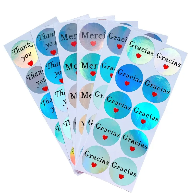 

1000pcs wholesale Gracias Merci Thank you Paper sealing sticker laser Gift Waterproof handmade envelope Bags Packing Round 3.5CM