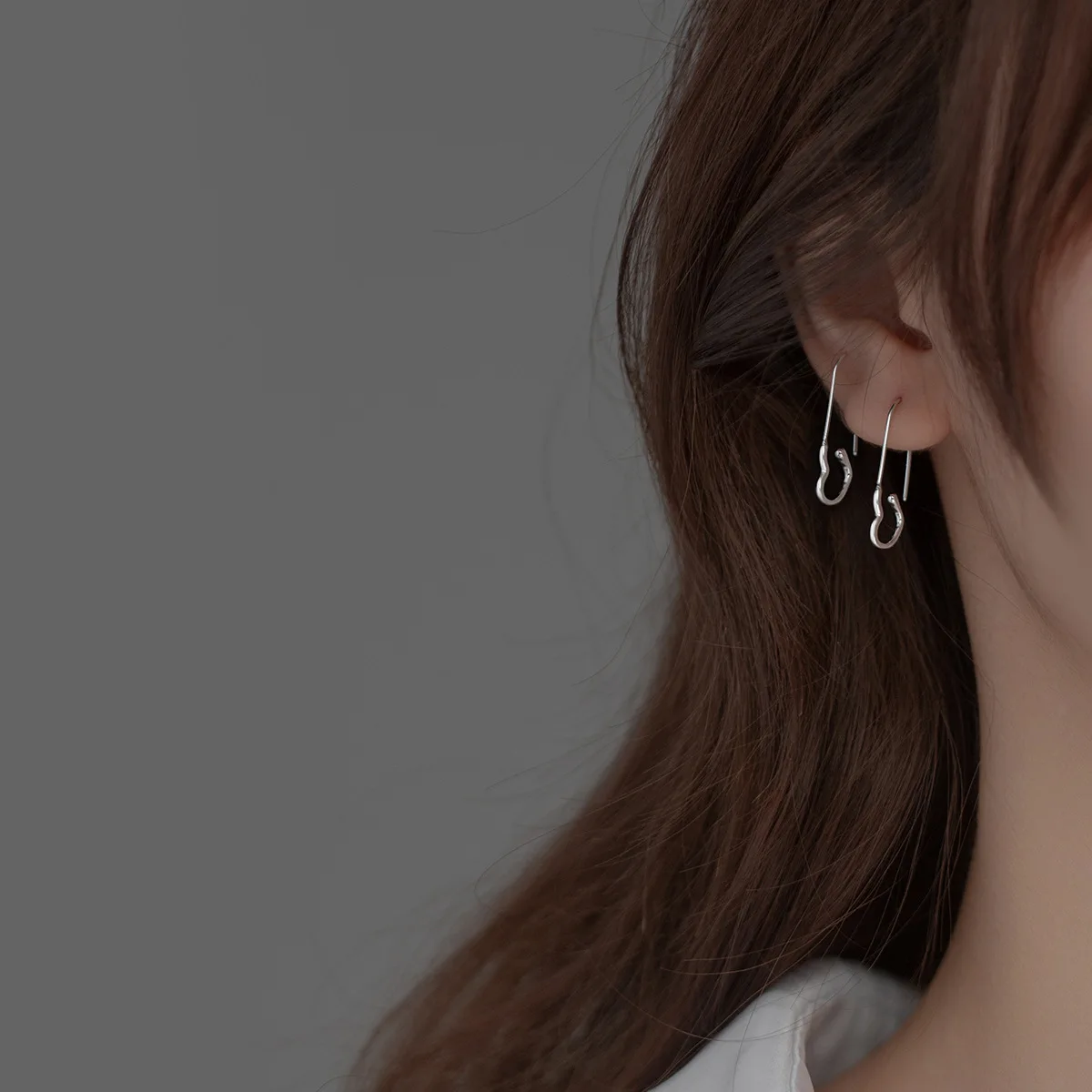 

Real 925 Sterling Silver Simple Heart Safety Pin Stud Earrings for Women