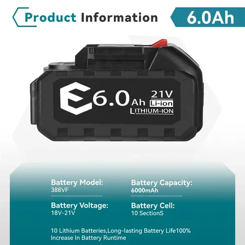 Аккумулятор Makita 21 В, 6000 мАч, 5S2P, 18650 ячеек, защита от перегрузки, быстрая зарядка, совместимый с дрелью/отверткой, сертифицированный безопасностью