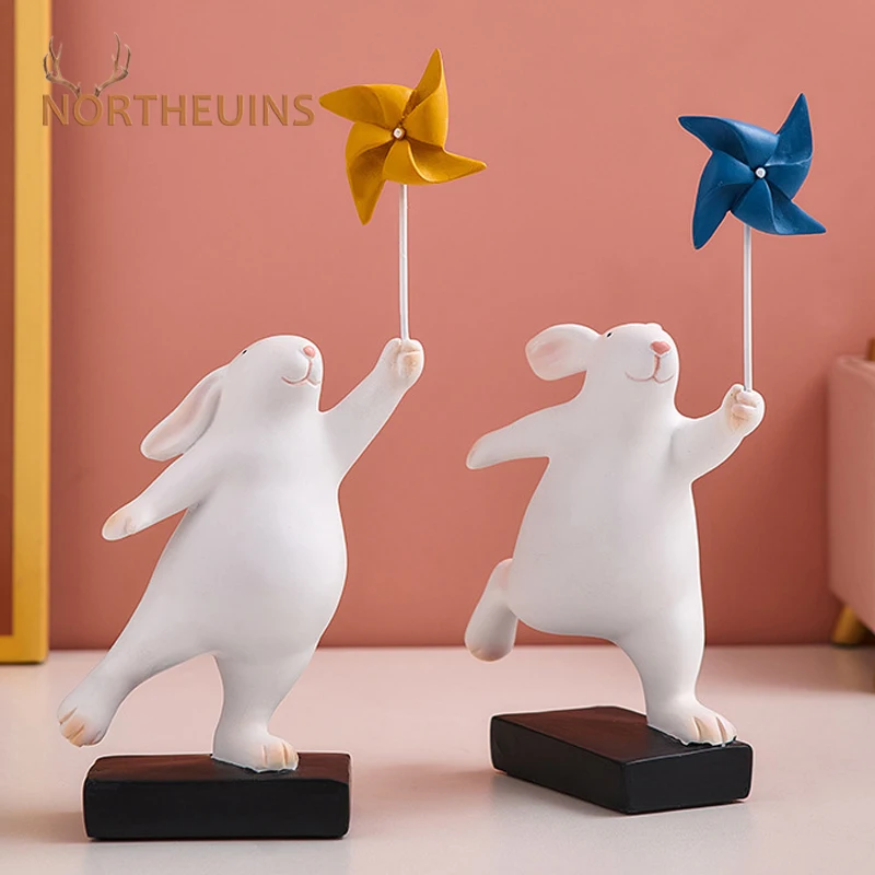 

NORTHEUINS Resin Windmill Rabbit Figurines for Interior Cartoon Hare Animal Home Living Room Study Children's Room Decor Gift