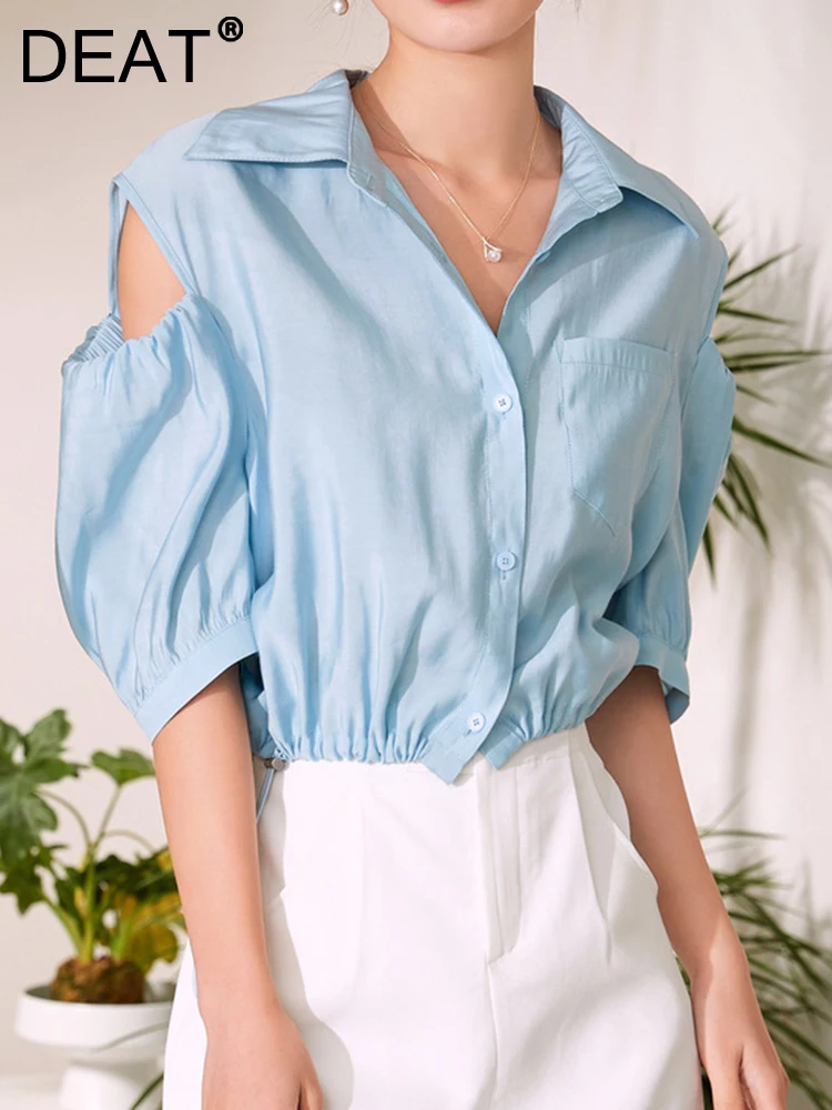 

Женская рубашка с открытыми плечами DEAT, однотонная блузка с одним рукавом-фонариком и отложным воротником, модель 17A8966 на лето, 2023