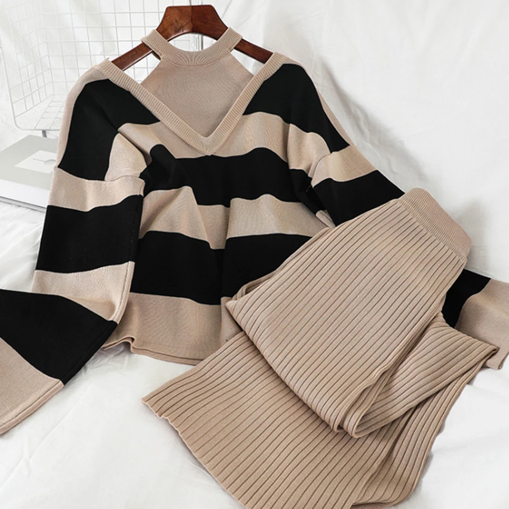 

Autumn Winter Knitting Two-Piece Suit Women Halter Long Sleeve Sweater Wide-Legged Pants Set Fashion Striped Top Trousers