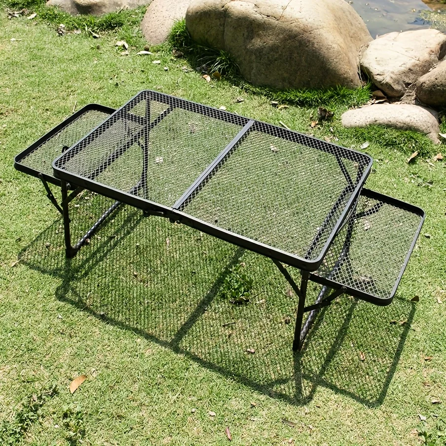 

Folding Camping Table Desk With 2 Side Panels, Portable Lightweight With Aluminum Alloy Metal Grid Desktop For Outdoor