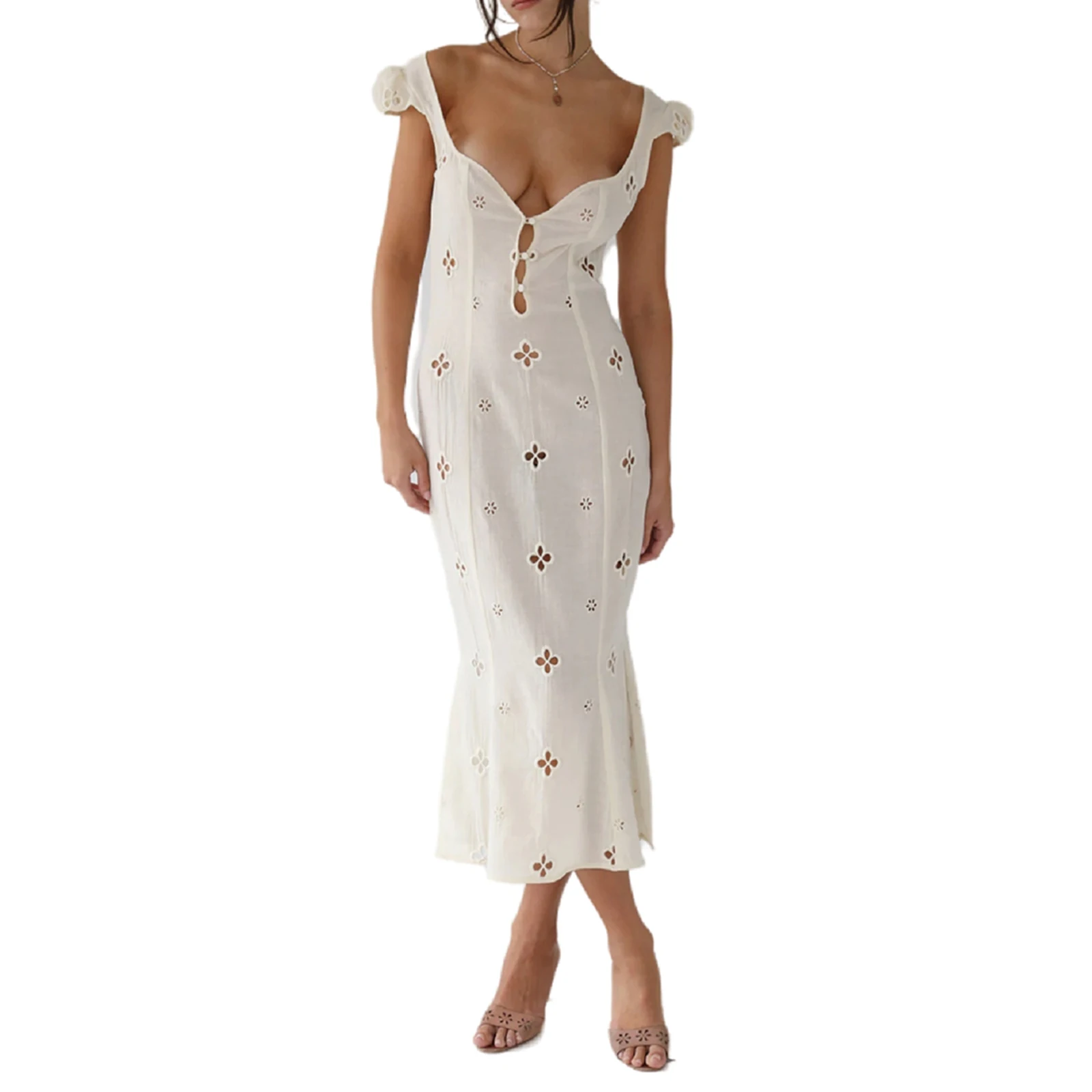 

2022-05-31 Kayotuas Women's Hollow Out Flower Mini Dress Sexy V Neck Slim Fit High Waist A Line Cami Dress Cute Short Sundress