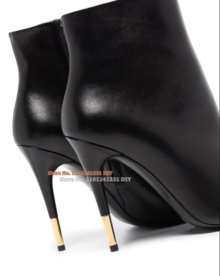 Black Leather Golden Chains Pointed Toe Short Boots Women Gold Thin High Heel Bootie Party Shoes Plus Size 43
