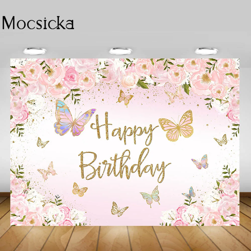 

Mocsicka Baby Birthday Backdrop Pink Flowers Butterfly Girls Happy Birthday Party Photo Background Custom Photocall Banner Decor