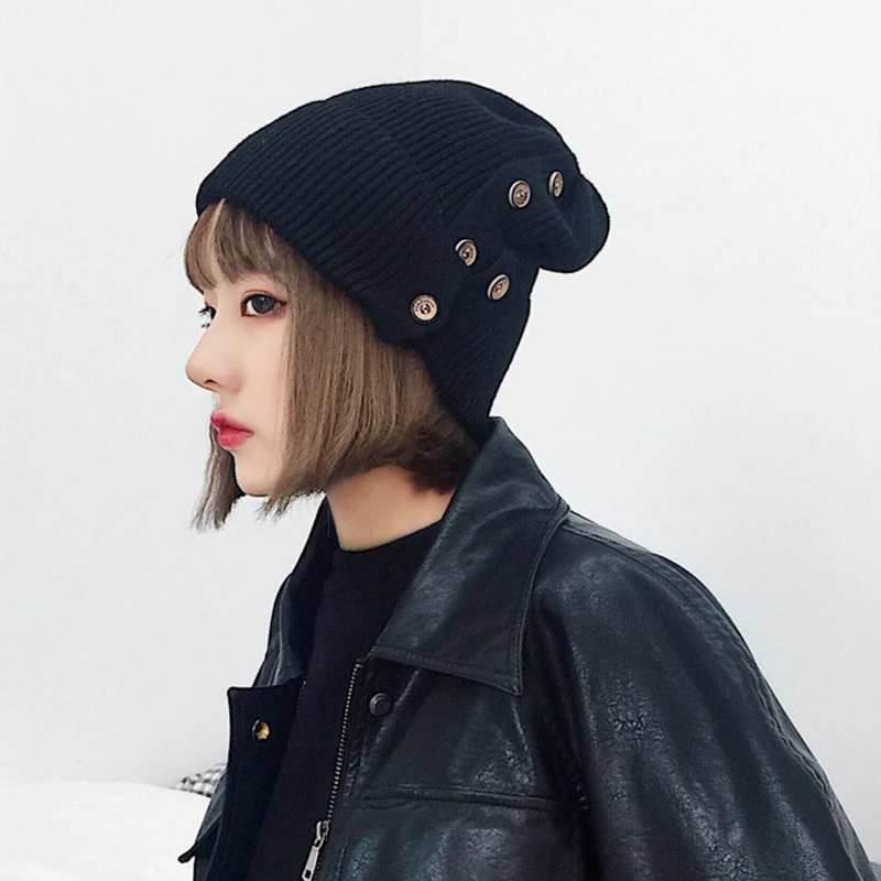 

2022 Autumn Winter Woman Stylish Hot Sell Solid Color Six Colors Knitting Button Decoration Keep Warm Hat All Match