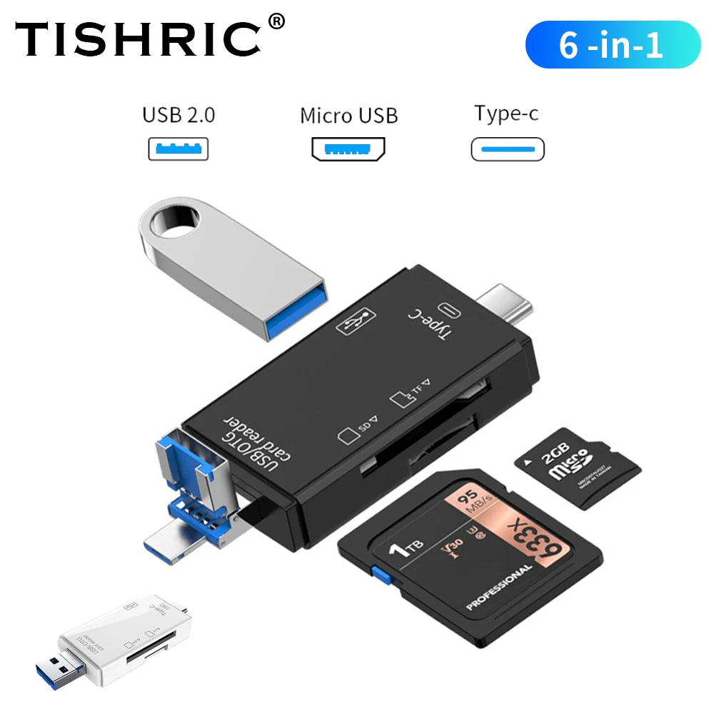 USB 2,0 OTG интерфейс TISHRIC 6 в 1, внешний U-диск/TF-карта/SD-карта/клавиатура/мышь/камера, поддержка слота для карт TF SD