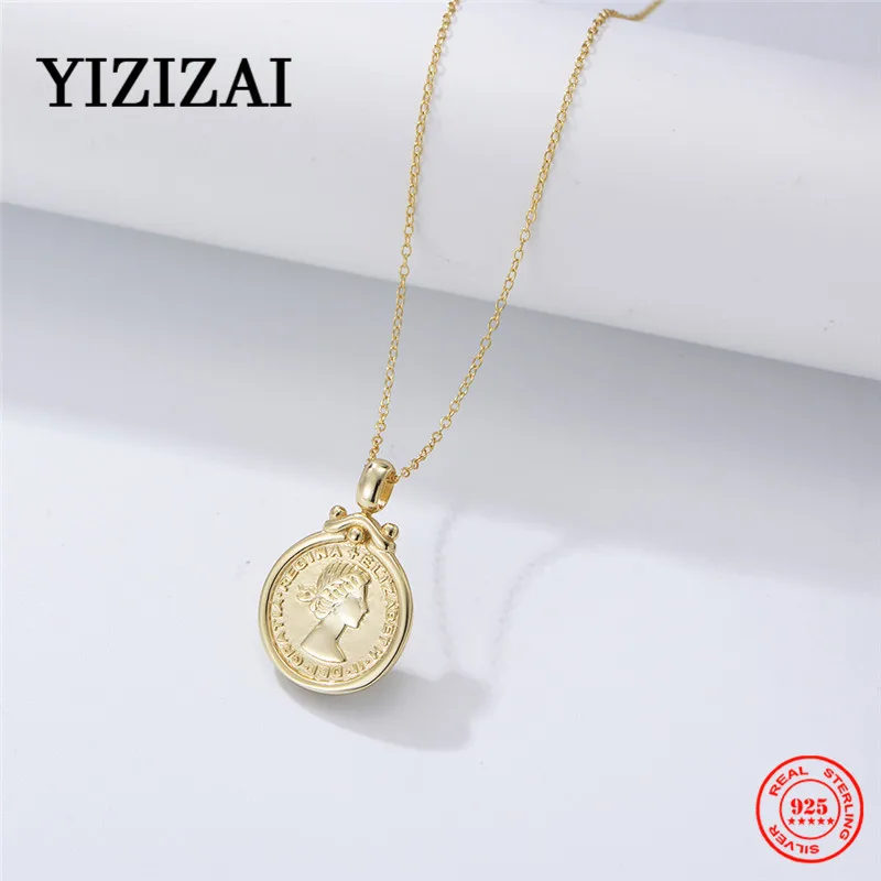 

YIZIZAI 100% 925 Sterling Silver Punk Gold Portrait Coin Pendant Necklace For Women Link Chain Choker Necklace Gothtic Jewelry