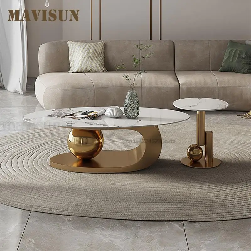 

Oval Center Table 12mm Thick Rock Slab Countertop Stable Rounded Design Stainless Steel Base Luxury Coffee Tables Living Room