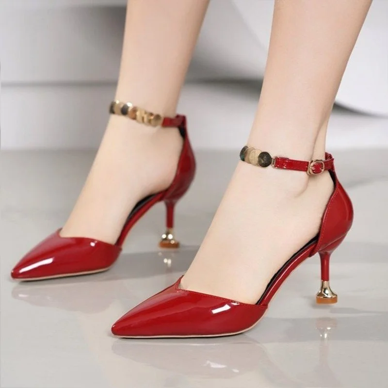 

Women's Summer Soft Leather New Pointed One Button Single Shoes Sexy Buckle Thin High Heels Elegant Medium High Heels Sandals