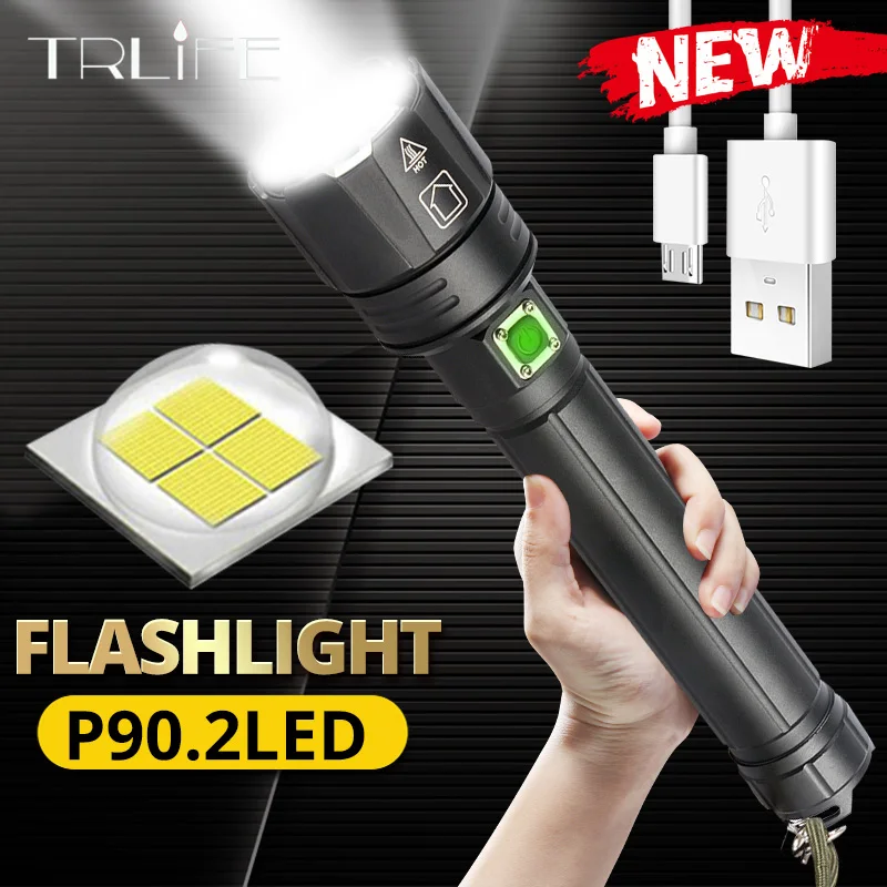 

Powerful Lights XHP90.2 Ultra Bright 18650 LED Flashlight XLamp USB Rechargeable XHP70 Tactical Light 26650 Zoom Camp Torch