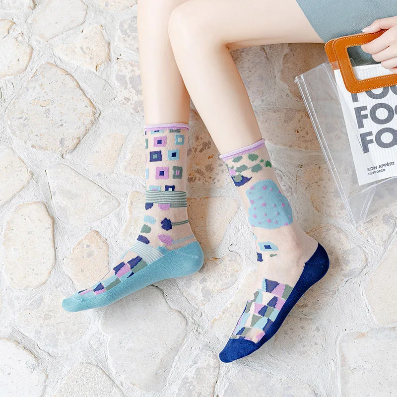 Summer Socks Women's Socks French Art Silk Socks Women's Thin AB Asymmetric Glass Cassette Trendy Socks Medium Socks Stocking
