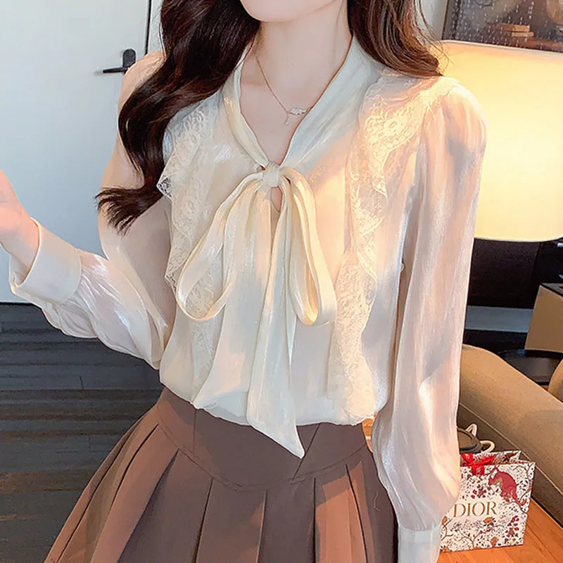 Новинка женская блузка с длинным рукавом и воротником-бантом шифоновая оборками