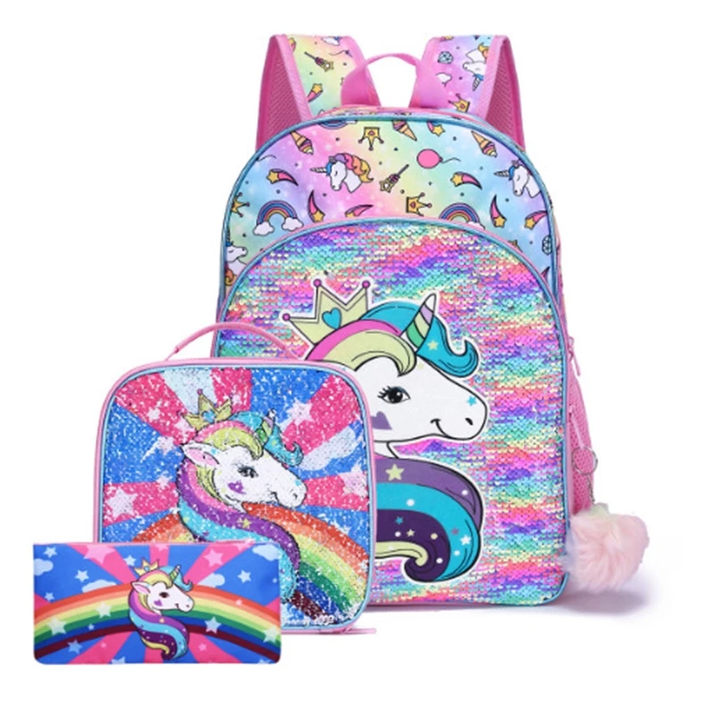 

Kids Sequine Primary School bag for girls School Backpack with Lunch bag pen bag 3 pcs /set Children Student bookbag school bags