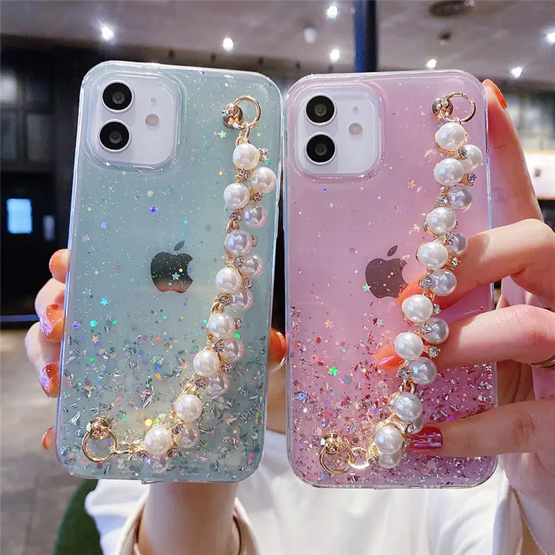 

Blinking Pearls Glitter Phone Case For iPhone 13 11Pro MAX 7 8Plus X XR XS Max 12 Pro Max mini Wrist Strap Cover