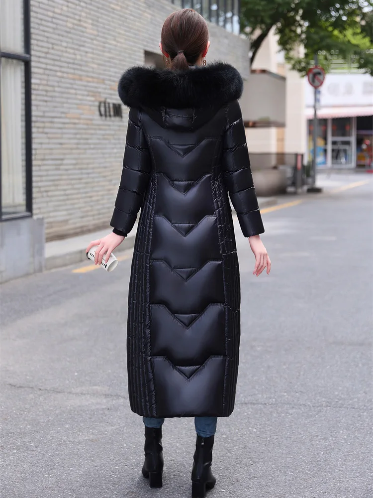 New Women Wash Free Glossy Surface Down Coat Winter Fashion Warm Real Fox Fur Collar Long Thicken Slim Down Jacket Ankle-Length