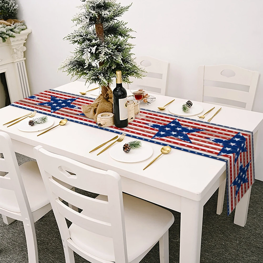 

Independence Day Table Runner Linen Printed Tabletop Cover Dining Decor Flag Strip and Star Dresser Scarves 4th of July clth