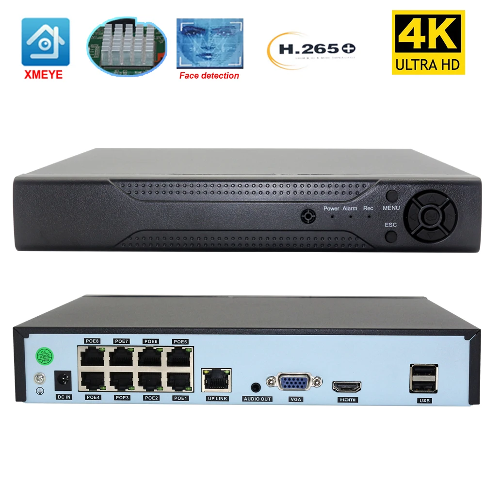 

Видеорегистратор 8Ch POE NVR H.265 Xmeye 4K, 8-канальный видеорегистратор с обнаружением лица, аудиовыходом, Onvif P2P для POE 8MP 5MP, IP-камеры наблюдения