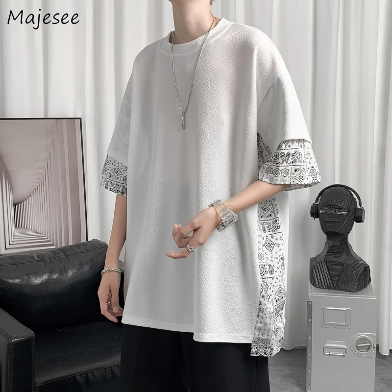 

T-shirts Men Loose High Street Handsome Japanese Fashion Hip Hop Teens Cool Camisetas Patchwork O-neck Casual All-match Ins Tops