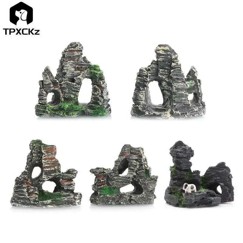 

Artificial Hiding Cave Mountain View With Moss Underwater Fish Tank Ornament Landscape Craft Living Room Resin Aquarium Rockery
