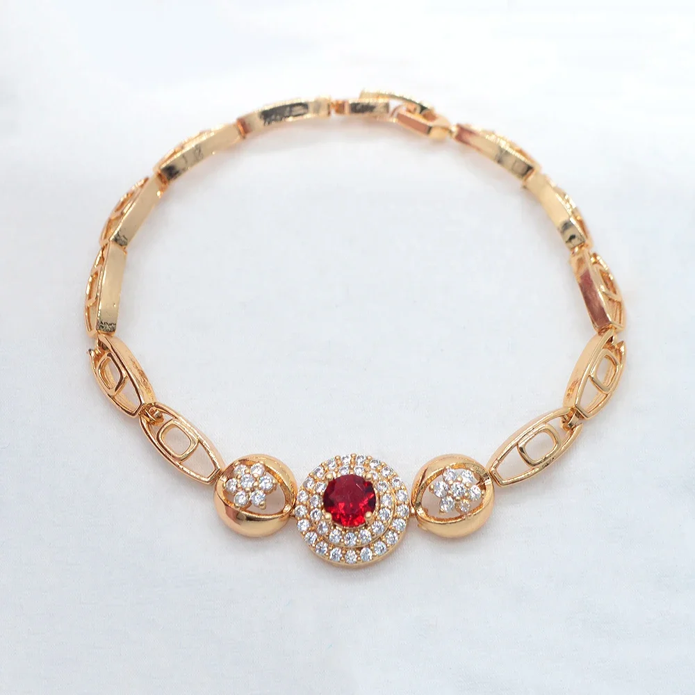 Модный Круглый Женский браслет золотого цвета с красным цирконием CZ Halo