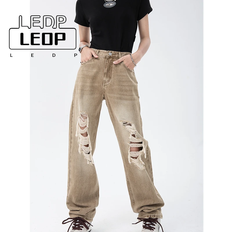 

LEDP Summer Loose Casual Straight Jeans Retro Khaki Women's Ripped Fashion Pants Streetwear High Waist Wide Leg Jeans