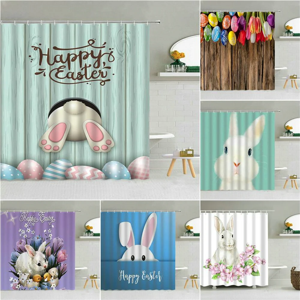 

Funny Bunny Easter Shower Curtain Rabbit Colorful Egg Flower Wood Striped Backdrop Bathroom Decor Washable Fabric Hooks Curtains