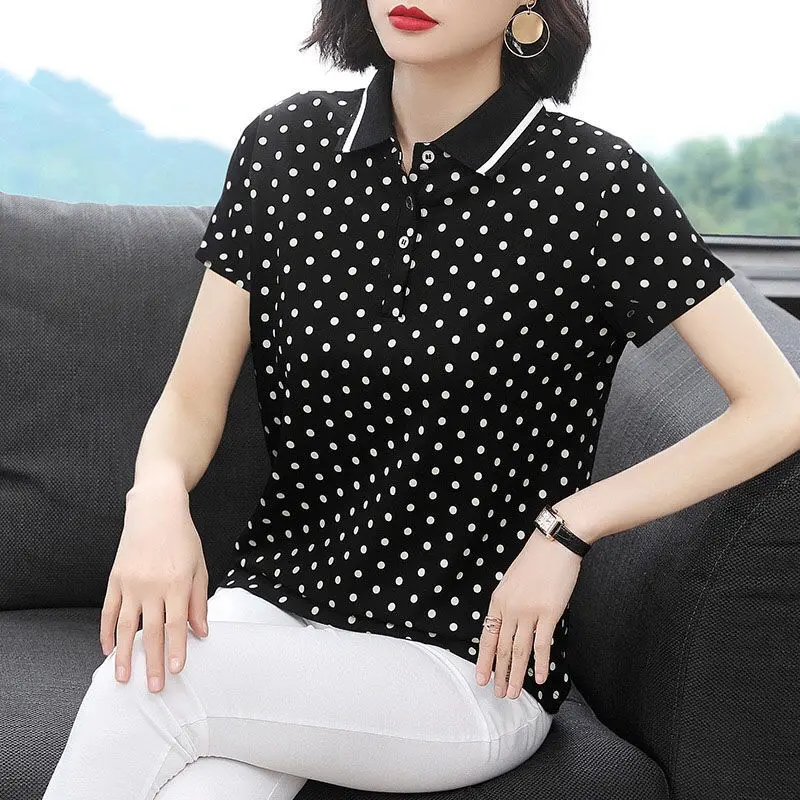 

L-5xl Womens Polo Shirts Summer Female Tops Tees Short Sleeve Dot Print /Solid Color Plus Size Loose Lapel Ladies Clothes J365