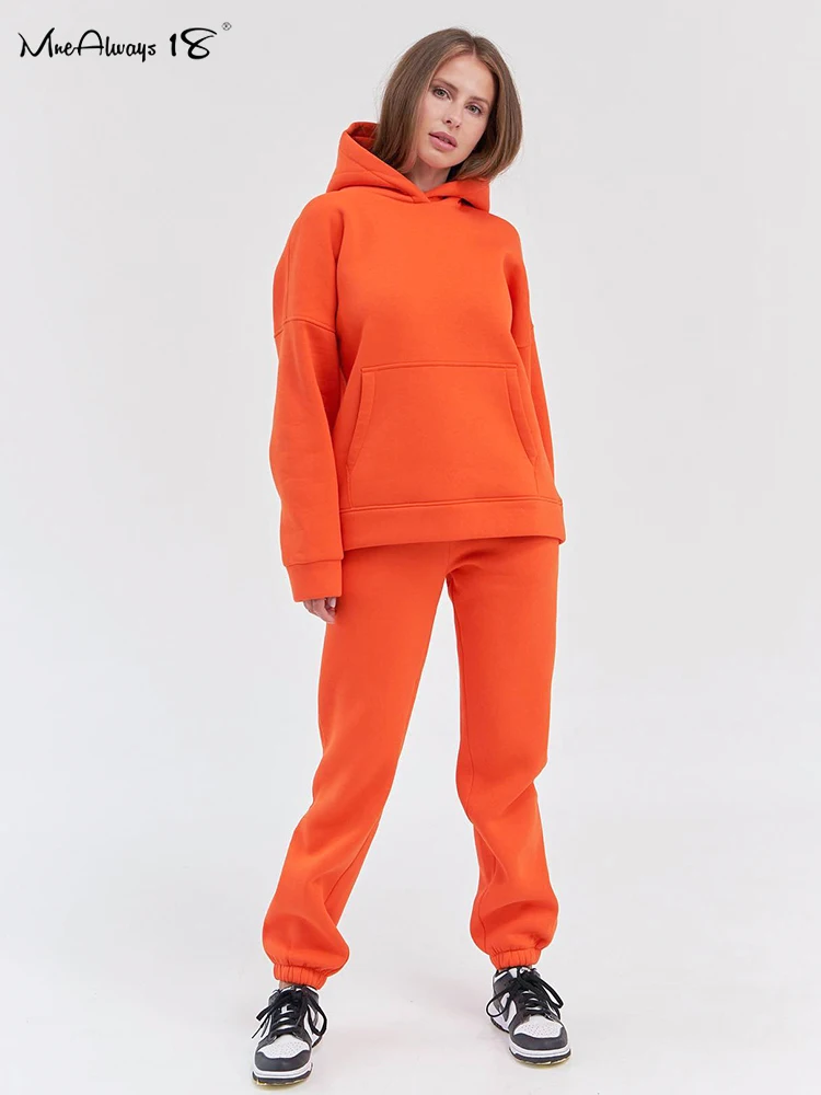 

Mnealways18 Winter Wool Bright Orange Hoodie And Sweatpants Tracksuit Women Two Piece Set Warm Casual Hoodies Sets Thick Ladies