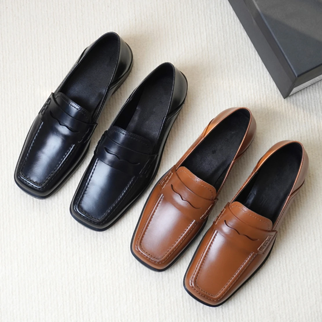 Elmsk Fashion Square Toe Genuine Leather Shoes Loafers Women Retro Solid Slip-On Flat Shoes