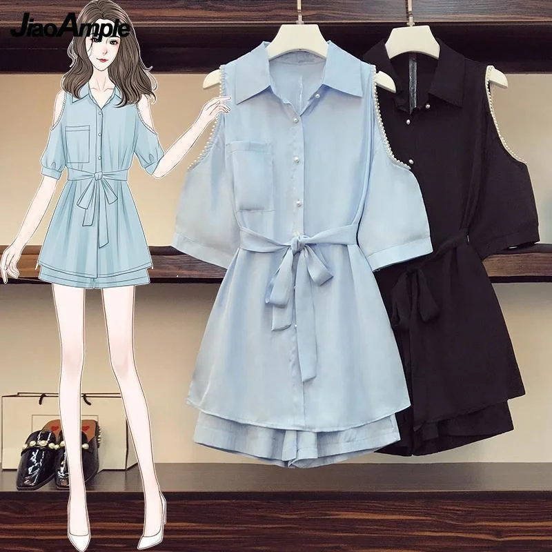 

Women's Summer Clothing 2022 New Lady Graceful Pearl Long Shirt+Short Pants Suit 2 Pcs Blue Shorts Simple Solid Color Set