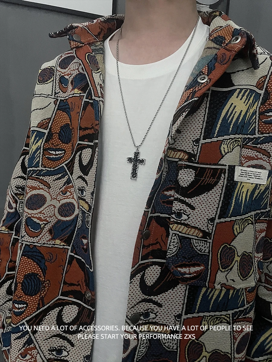 ZXS Cold Wind Thorn Lava Cross Necklace Men's and Women's Trendy Titanium Steel Hip-hop Street Ins Pendant Sweater Chain