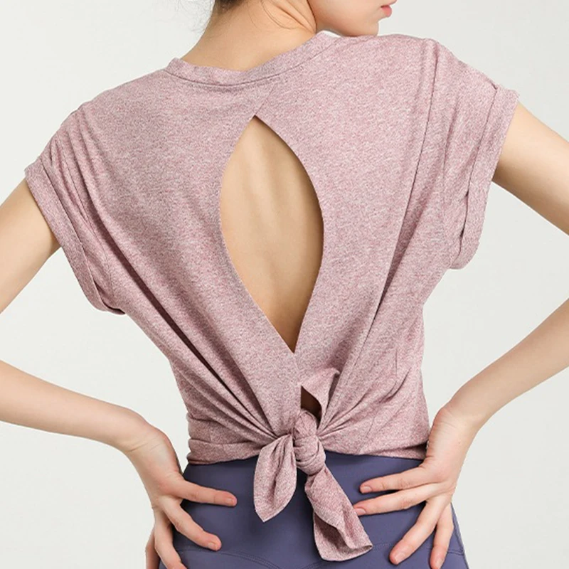 Women's Yoga Short Sleeve Fitness Sports Running Split Back Elastic Tank Top