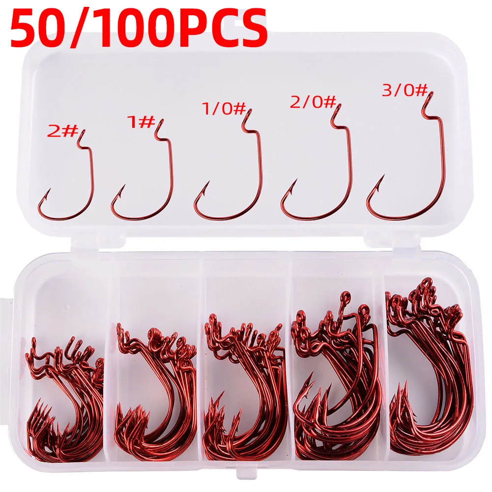 

50Pcs Box Fishing Hooks Set Jig Crank Barbed Hook High Carbon Stainless Steel Wide Gap Offset Fishhook Soft Worm Sea Hook Tackle