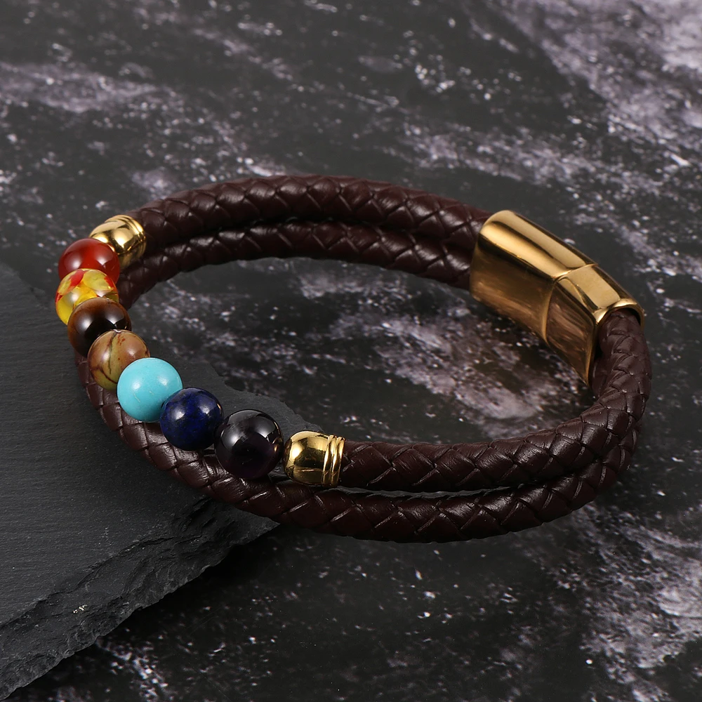 Мужские и женские браслеты из натуральной кожи 7 чакр магнитная пряжка