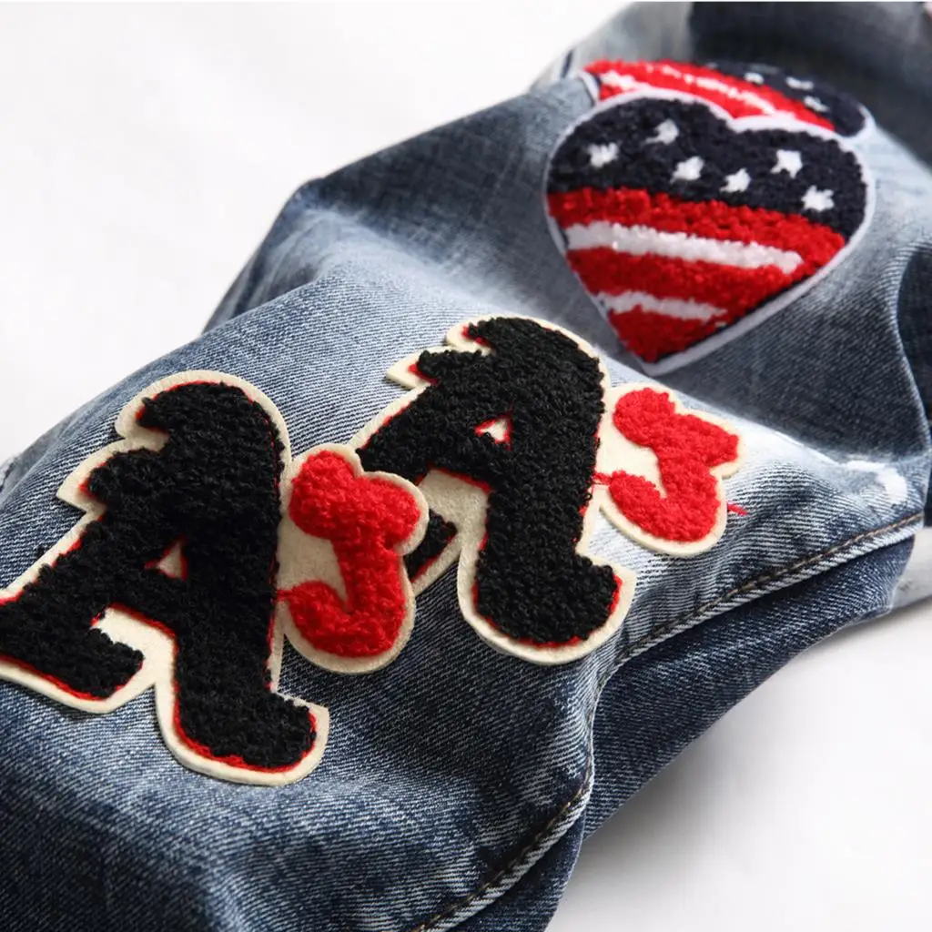 New Fashion Men's Ripped Jeans Autumn Winter Embroidery Straight Slim Trend Beggar Pants Biker Destroyed Denim Trousers