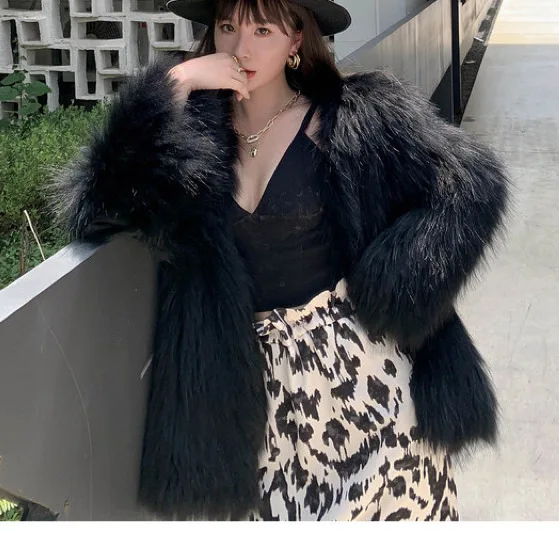 Autumn Winter New Imitation Fox Artificial Fur Solid Color Woven Women Mid-length Thick Dense Coat Round Neck Coat Free Shipping