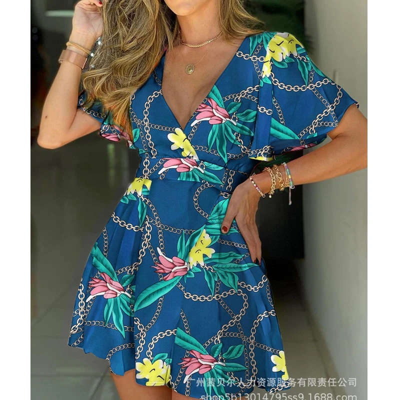 

Women's Dress Summer Fashion Slim High Waist Print Dress Women's Sexy V-neck Pullover Pleated Short Ruffle Sleeve Dress