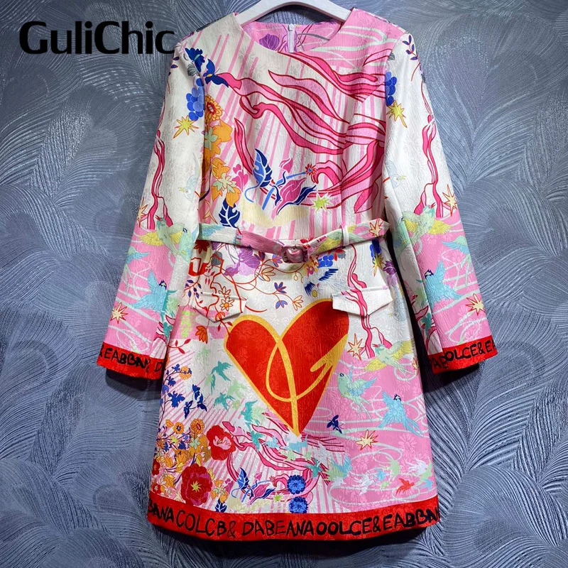 

Женское жаккардовое платье GuliChic, элегантное подиумное платье с разноцветным принтом, украшенное поясом, с круглым вырезом и длинным рукавом, 9,13