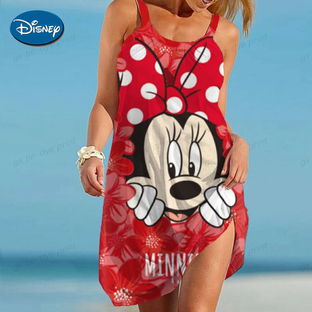 

Ladies Disney Minnie Mickey Mouse Print Dress Women Casual Midi Holiday Summer Dress Female A-line Loose Women Beach Dress