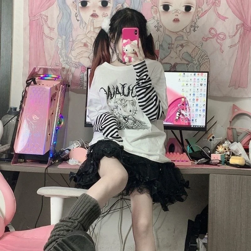 HOUZHOU Japanese Style Anime T-shirt Women Kawaii Harajuku Patchwork Long Sleeve T-shirts Fake Two Piece Goth Cute Tops E Girl