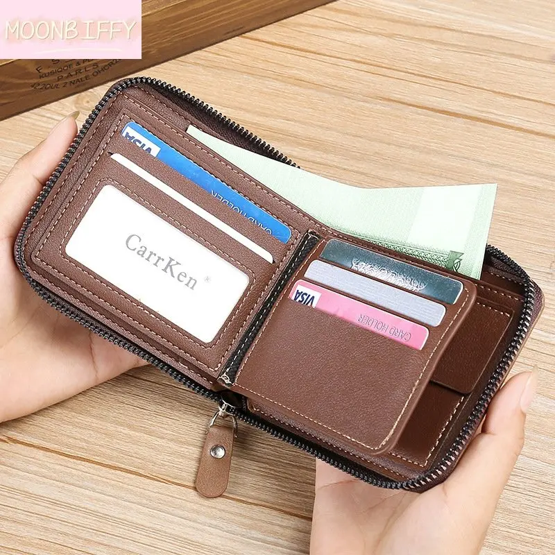 

Мужской бумажник из кожи, кошелек из вощеной кожи для мужчин, кошелек для мелочи, короткие мужские бумажники из искусственной кожи, кошелек на молнии для денег, 2023