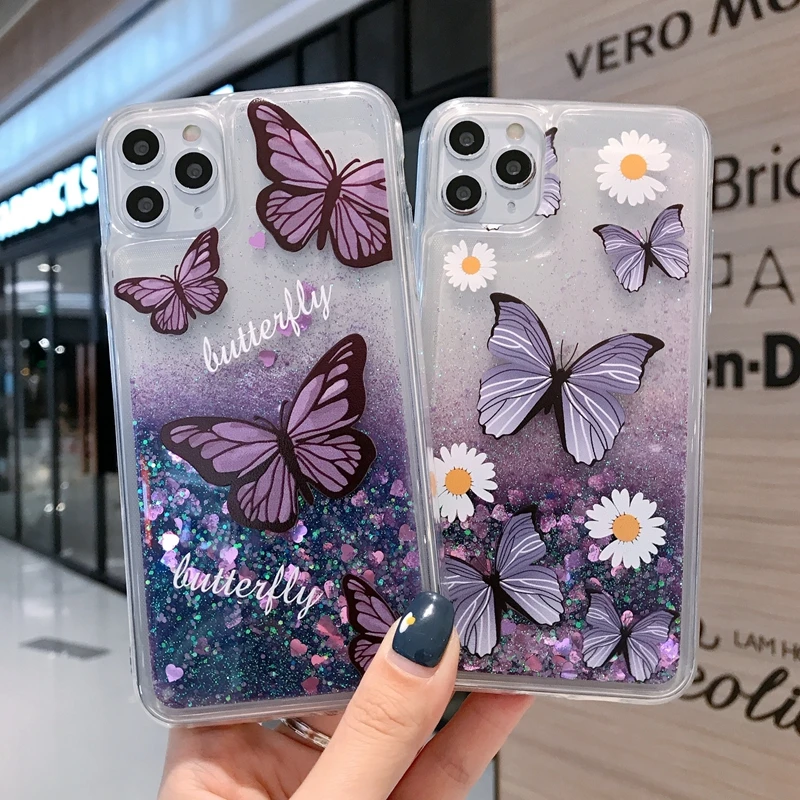 

Liquid Butterfly Quicksand Phone Cases For iPhone 13 Pro Max 12 Pro 11 XR XS SE3 2022 Soft Silicone Bling Glitter Cover