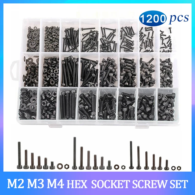 1200PCS M2 M3 M4 Hex Hexagon Socket Screw Set Black Carbon Steel Allen Head Cap Screws Bolts and Nuts Washers Assortment Kit |