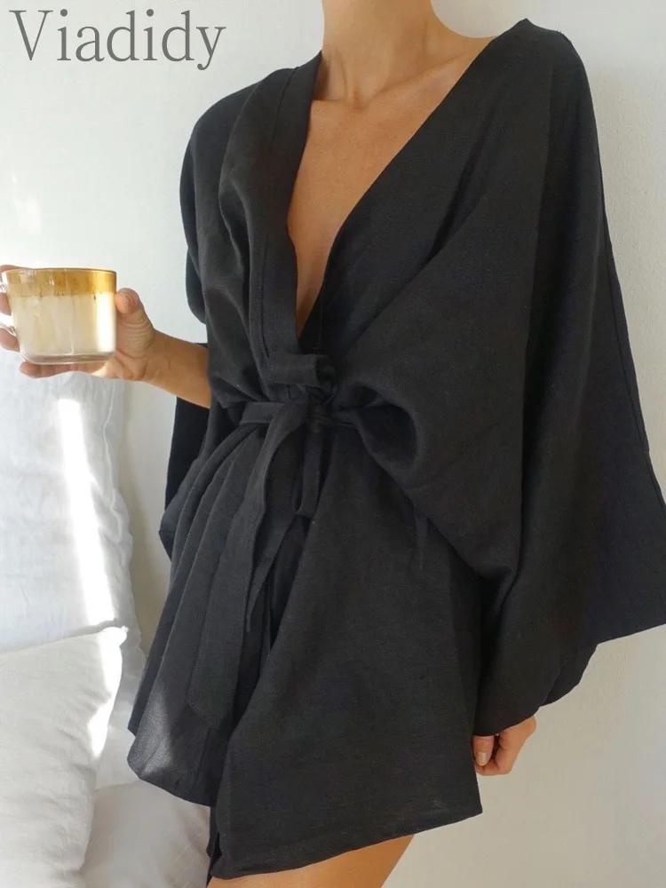 

Women Casual Solid Color Batwing Lace-up Dress