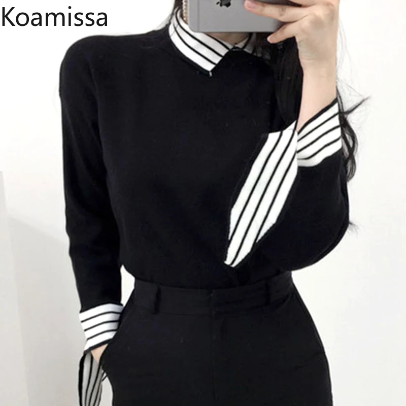 

Koamissa Women Knitted Pullovers Office Lady Long Sleeves Patchwork Bandage Sweaters Spring Autumn Female Jumpers Chic Slim Tops