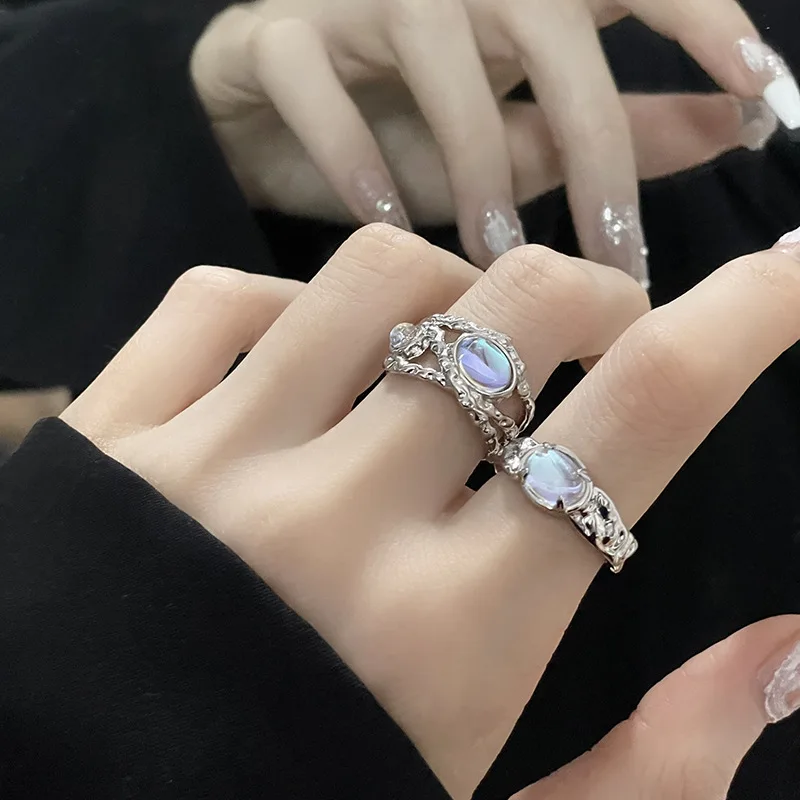

2022 Korean Vintage Irregular Opal Stone Metal Hollow Open Rings For Women Egirl Harajuku Grunge Punk Y2K Jewelry Accessories
